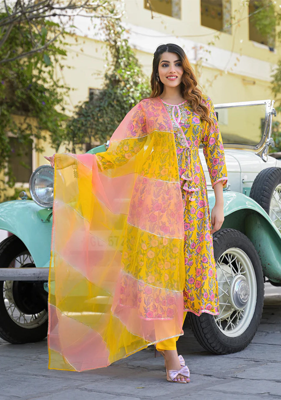 Yellow Floral Printed Muslin Kurta Pant with Dupatta