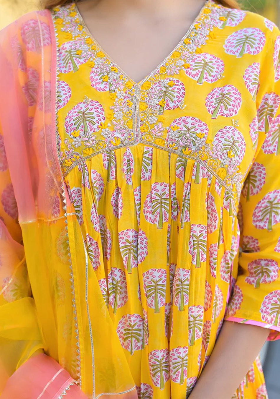 Yellow Floral Print Muslin Fabric A-Line Kurta Pant With Dupatta