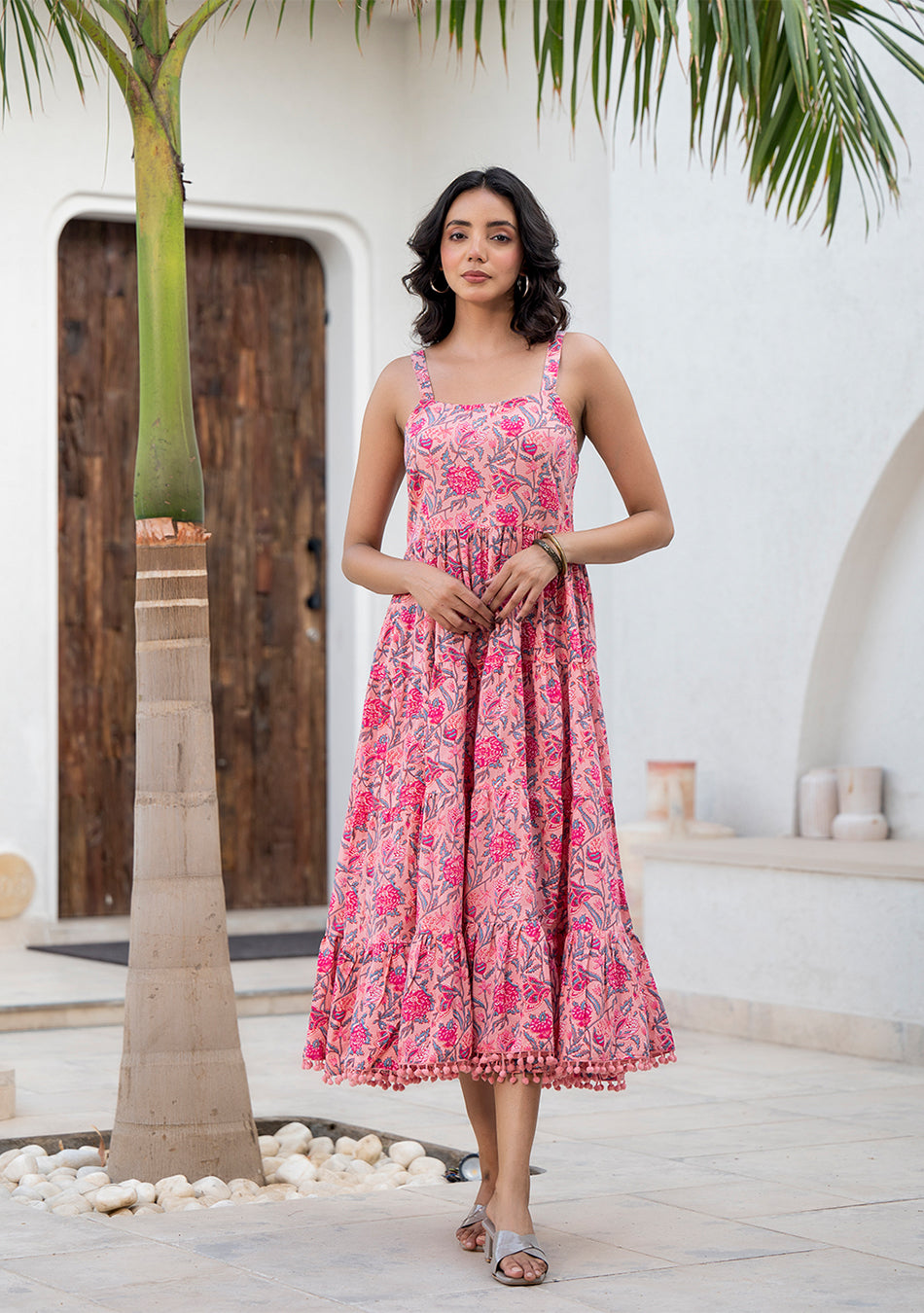 Pink Floral Printed Shoulder Strip Dress