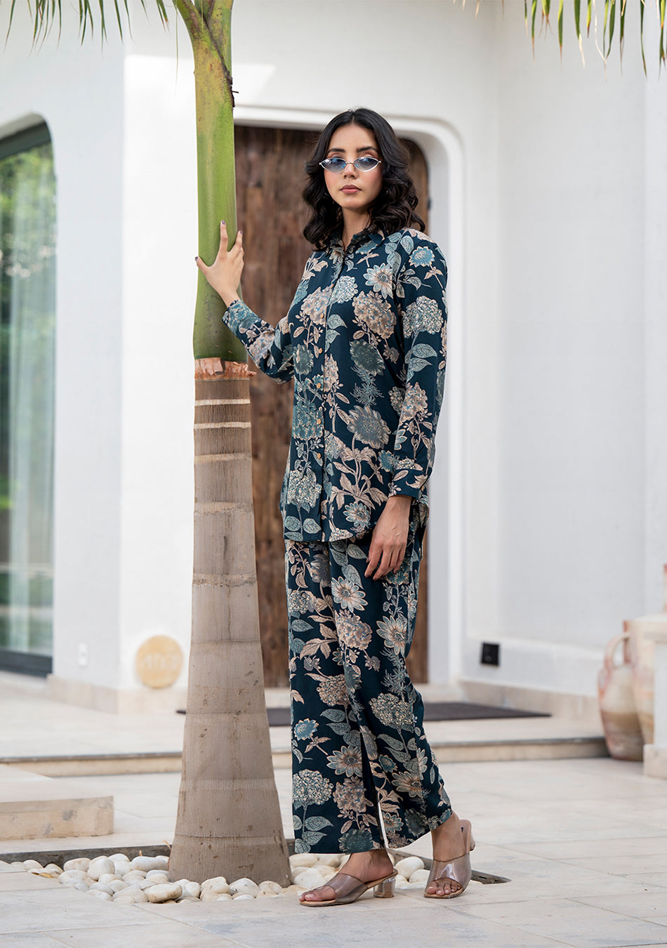 Bottle green Floral Printed Rayon Co-ord Set