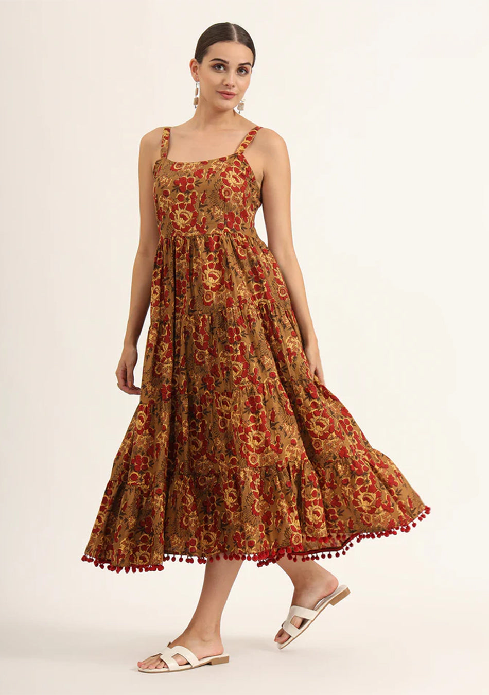 Brown Floral Print Pure Cotton Fit & Flare Dress