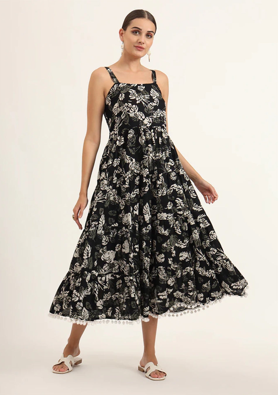 Black Floral Print Pure Cotton Fit & Flare Dress