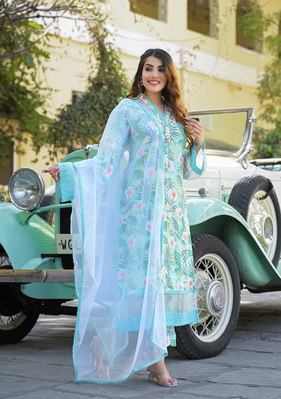 Seagreen Floral Printed Rayon Kurta Pant Set With Dupatta