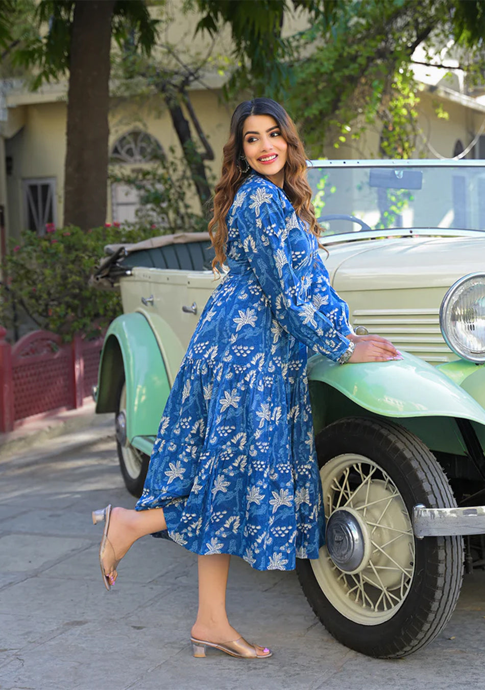 Blue Floral Print Cotton Fabric Flared Dress