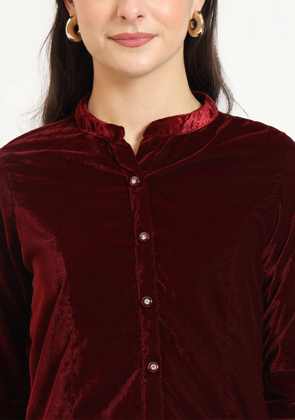 Maroon Solid Print Velvet Straight Top
