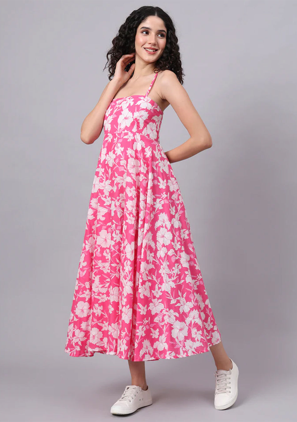Pink Floral Shoulder Straps Cotton Dress