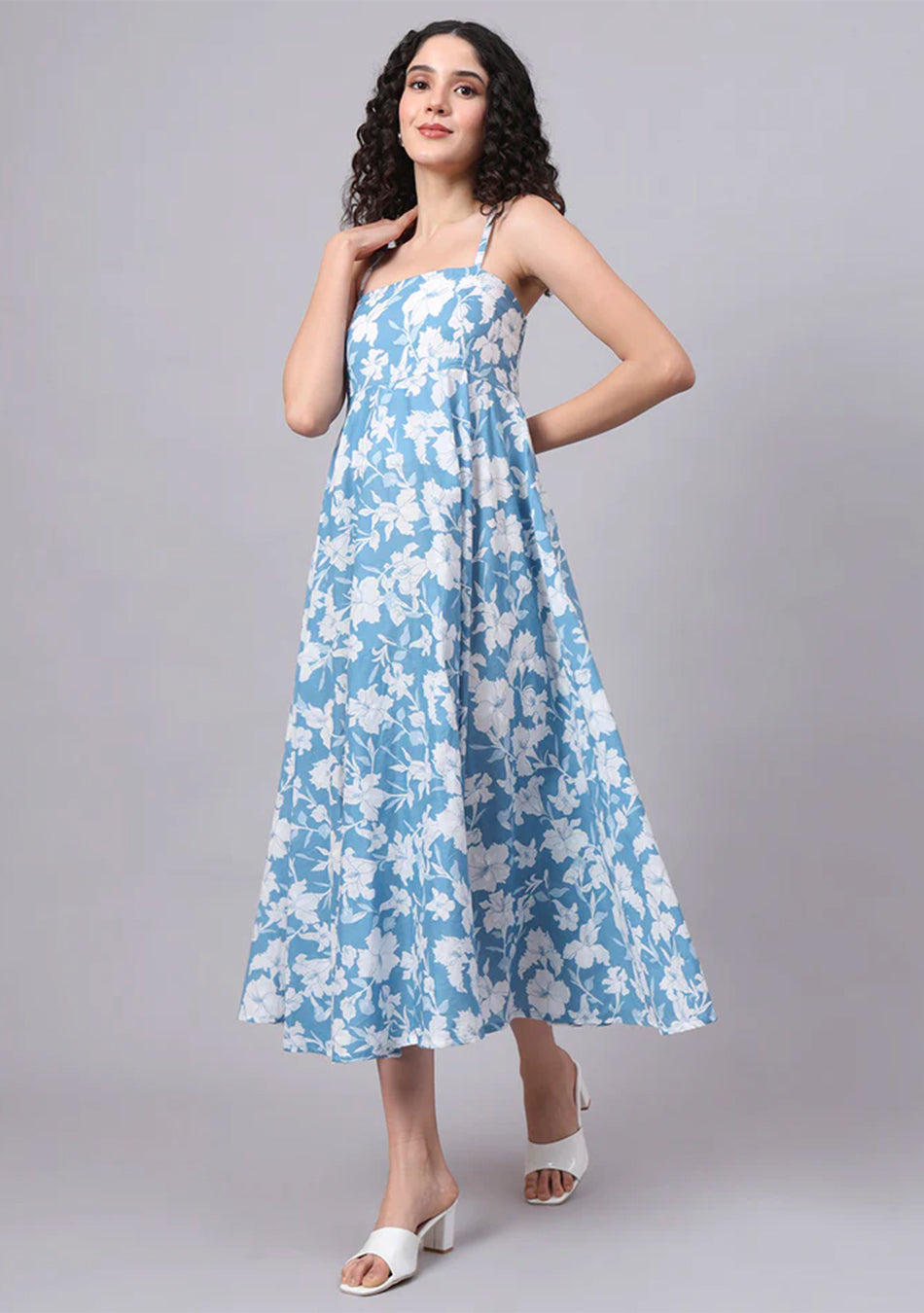 Blue Floral Shoulder Straps Cotton Dress