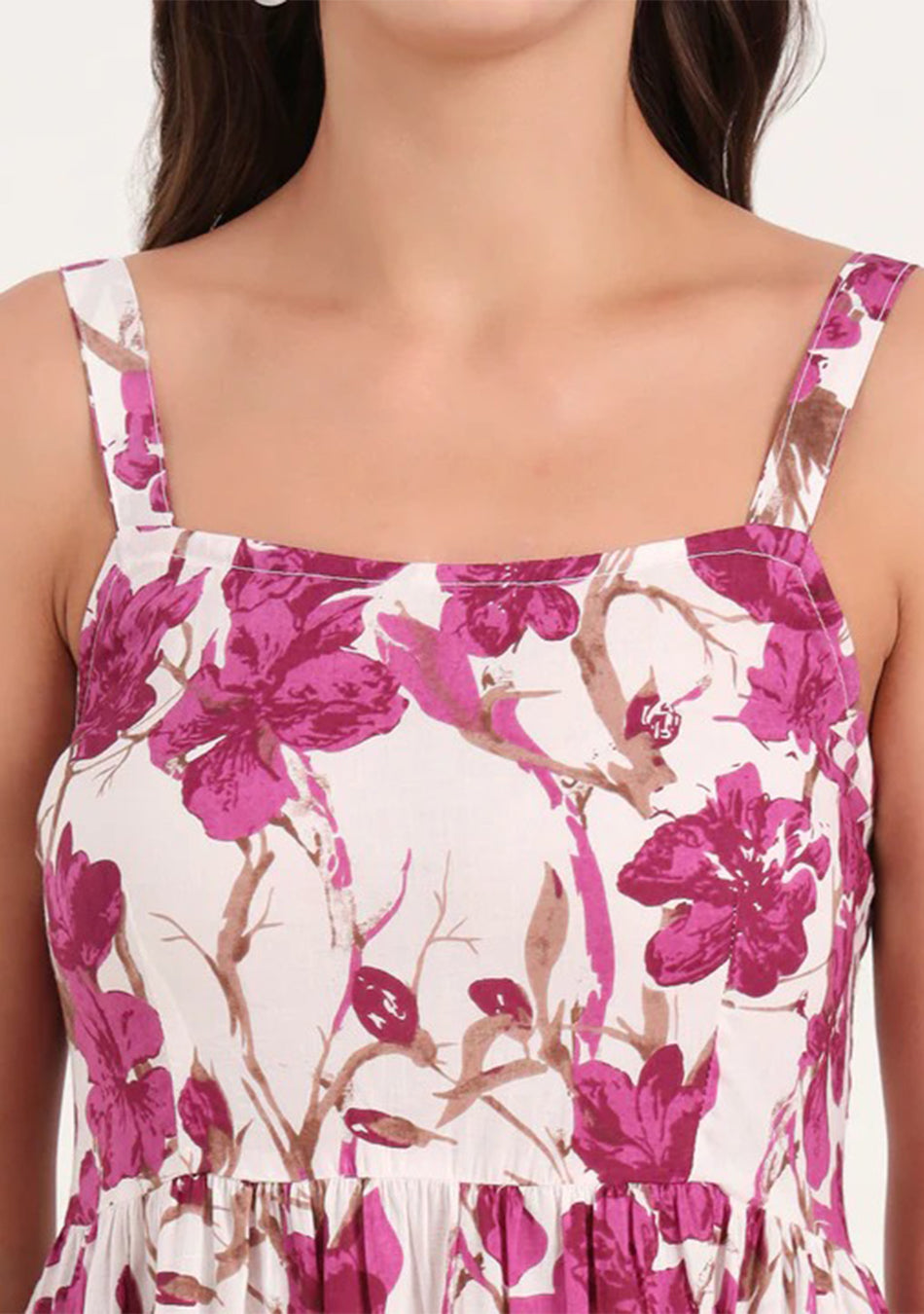 Purple Printed Cotton Shoulder Strap Pompom Dress