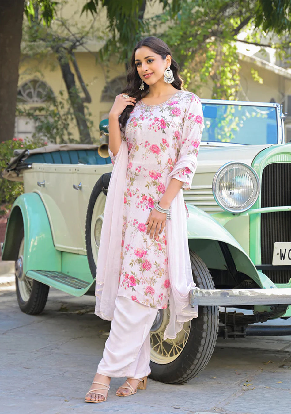 Light Pink Floral Printed Muslin Straight Kurta Pant with Dupatta
