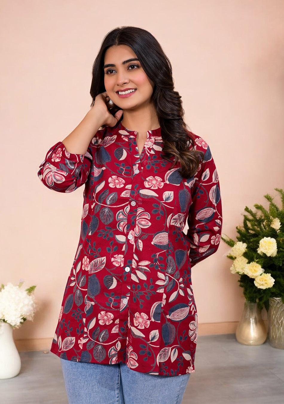 Crimson Blooms Casual Top