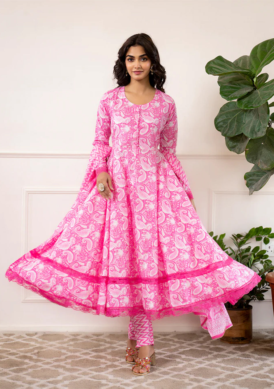 Pink Floral Print Cotton Anarkali Kurta Trouser with Dupatta Set
