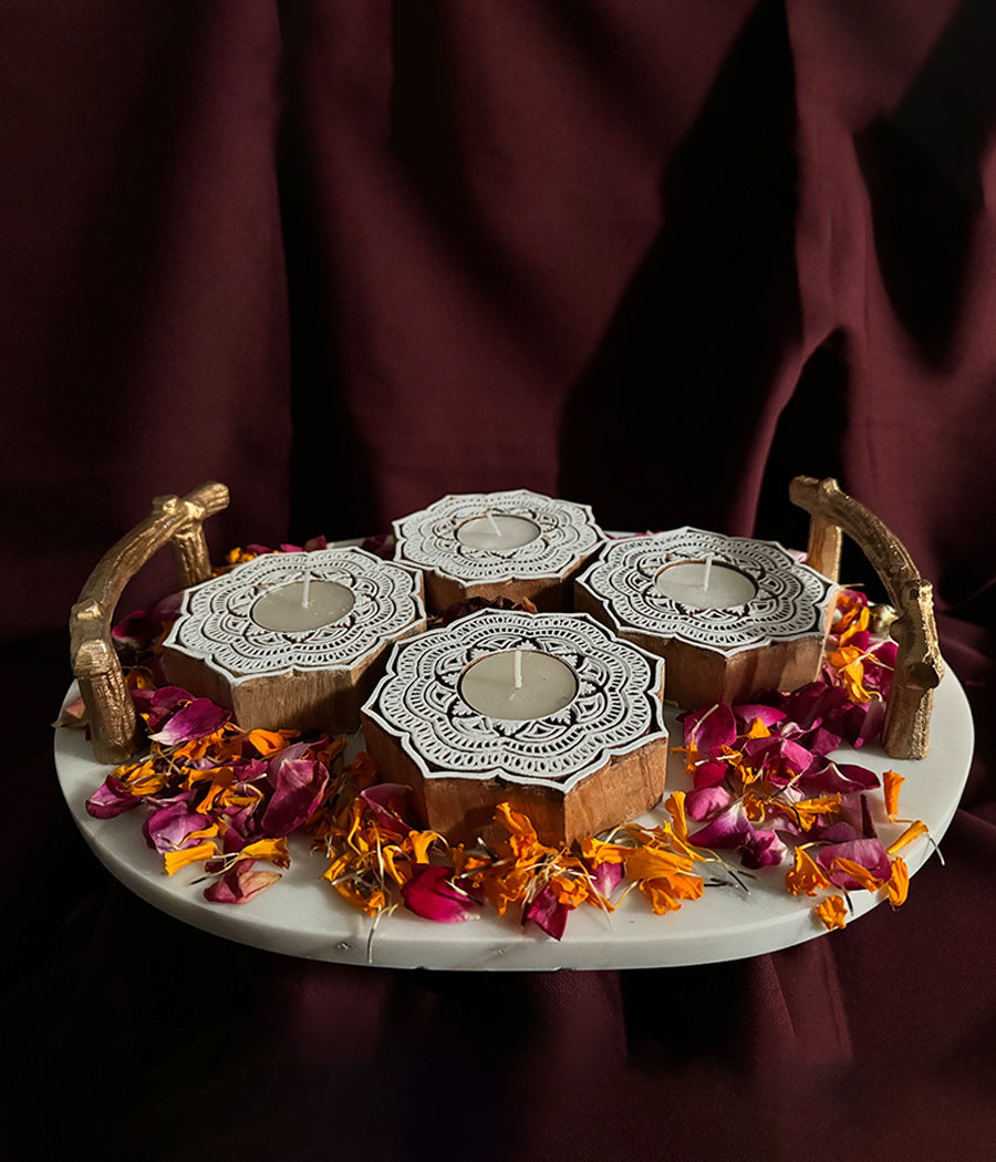 Handcrafted Flower Shape Wooden Diya - Set of 4