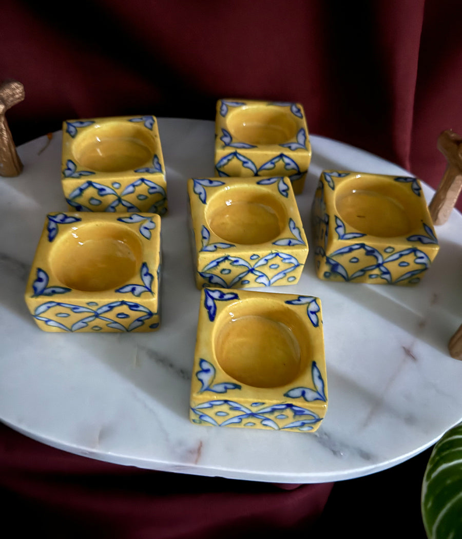 Blue Pottery Square Diyas - Set of 6