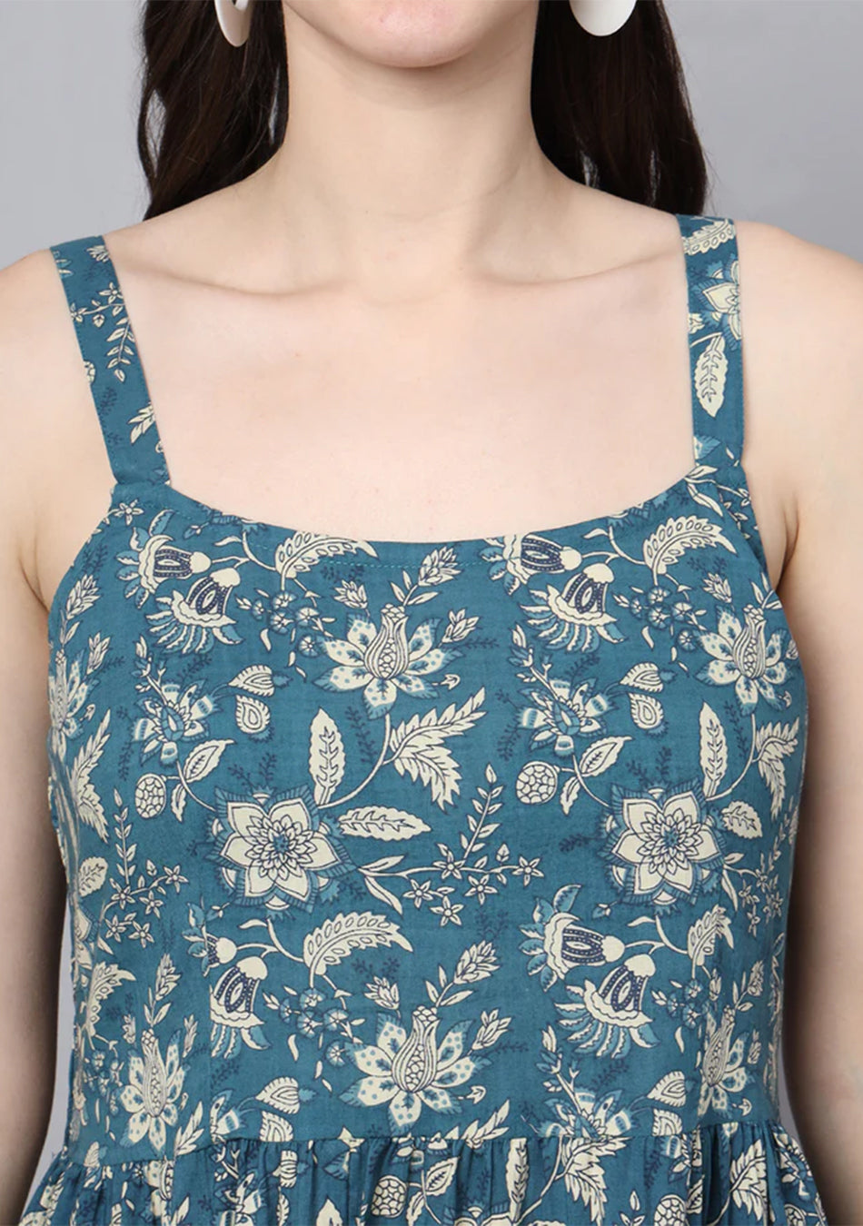 Floral Printed Shoulder Straps Cotton Flared Dress