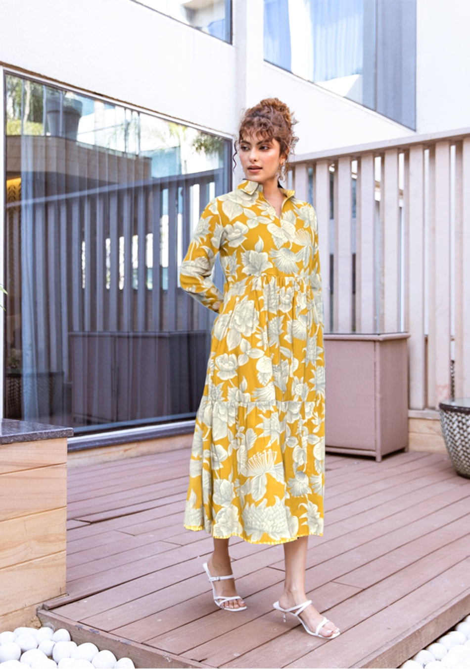 Yellow Botanical Tiered Dress