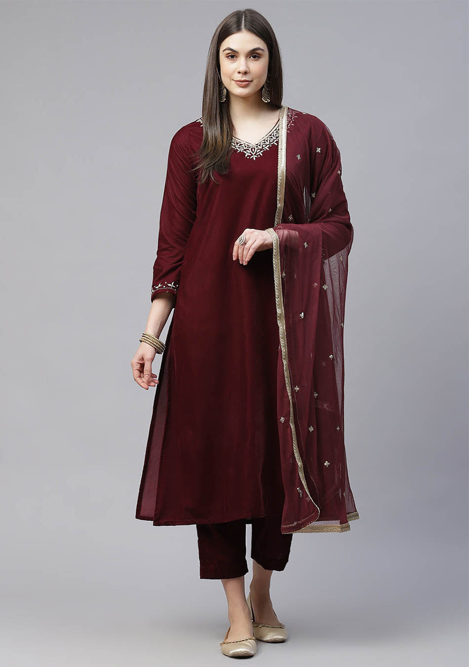 Maroon Velvet Hand Work Kurta Pant With Net Dupatta Set