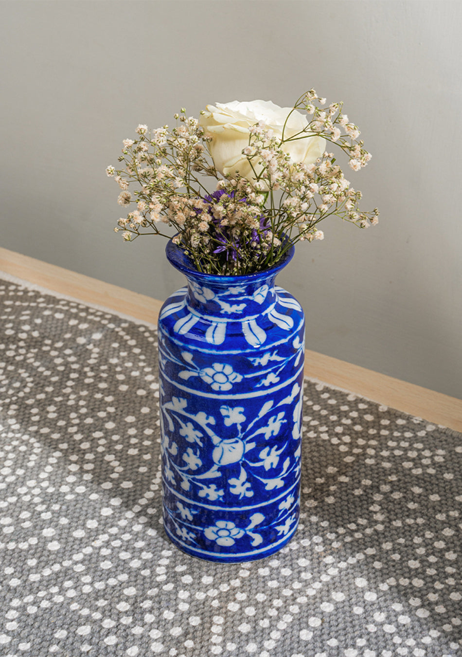 Blue Pottery White Floral Can Vase