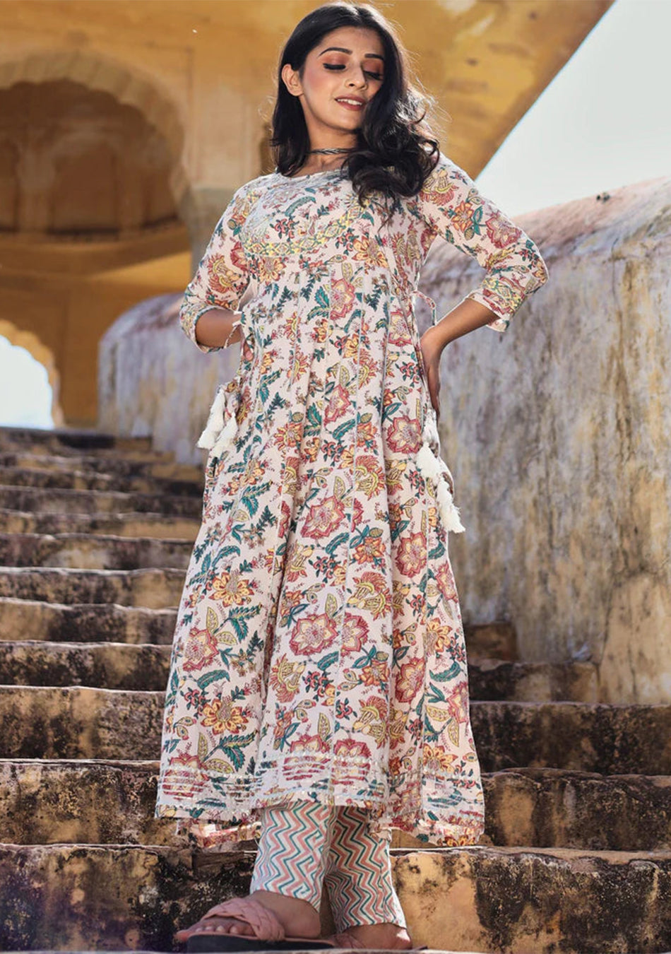 Off white Printed Anarkali Kurta Pant Set
