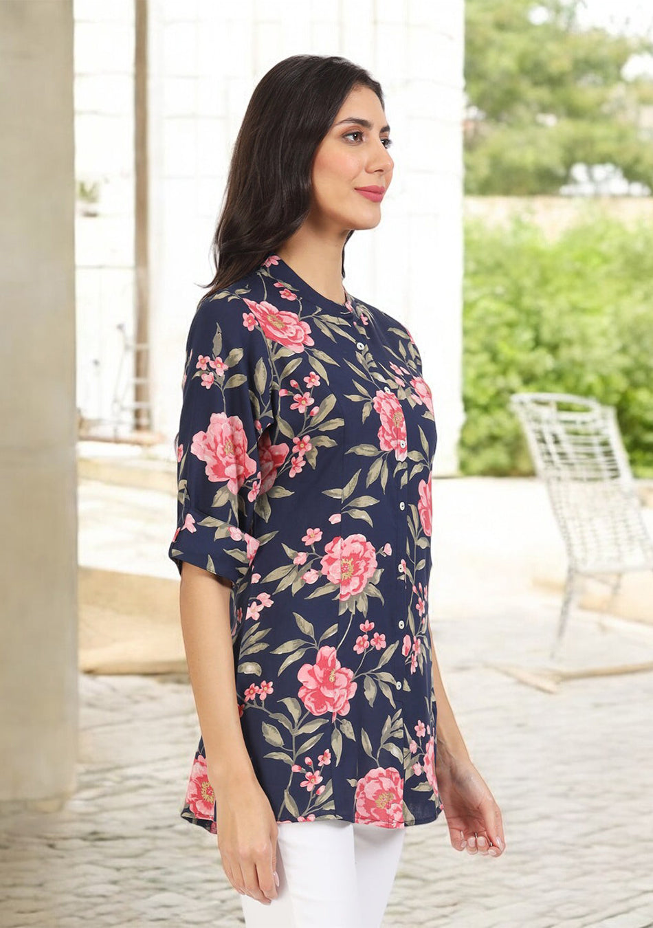 Navy Blue Floral Printed Rayon Top