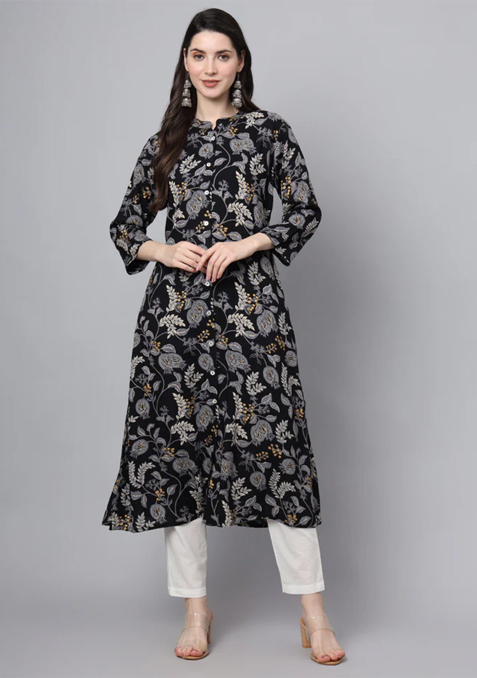 Black Rayon Printed-A-Line Kurta