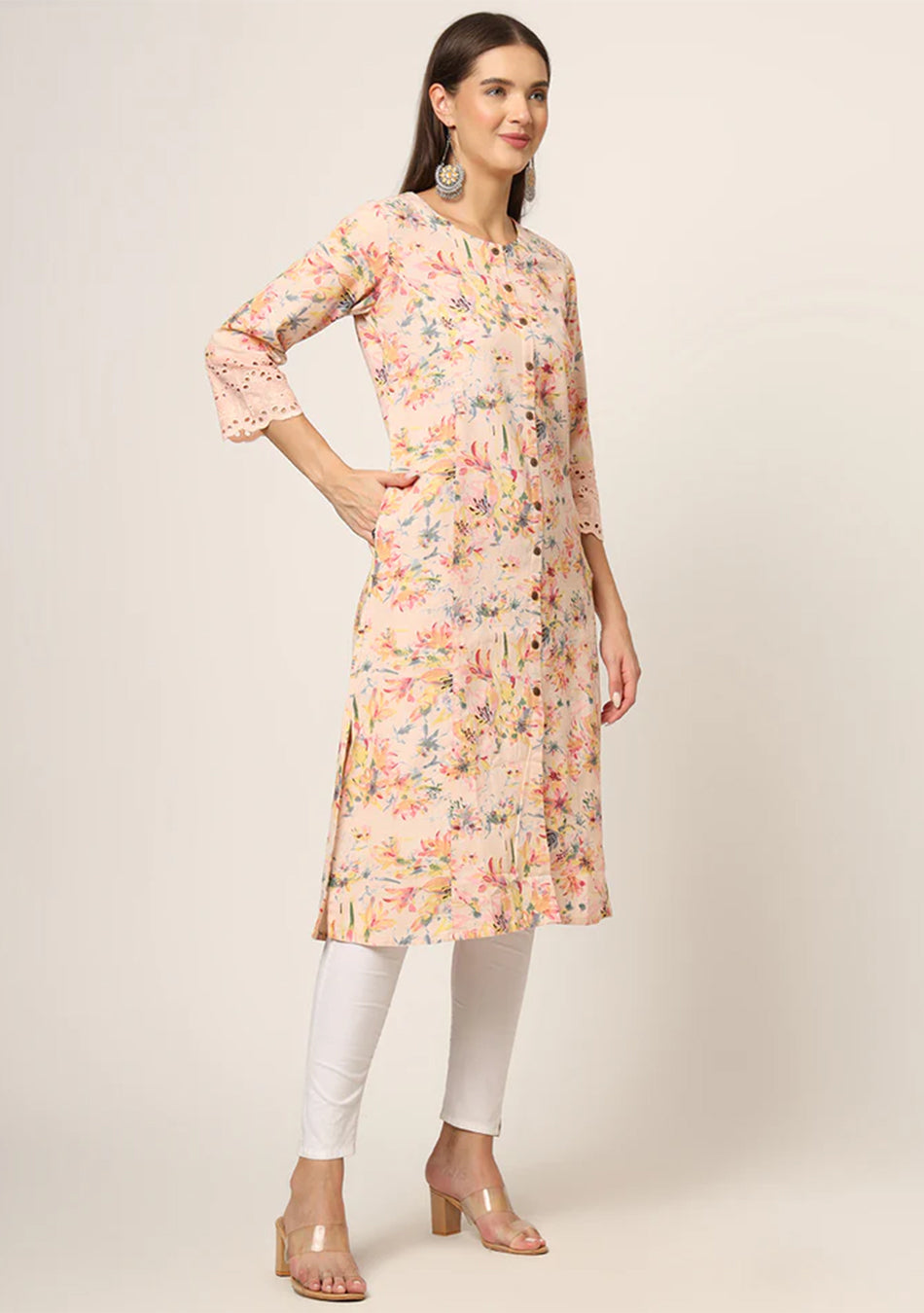 Pink Floral Printed Cotton A-Line Fold Sleeve Kurta