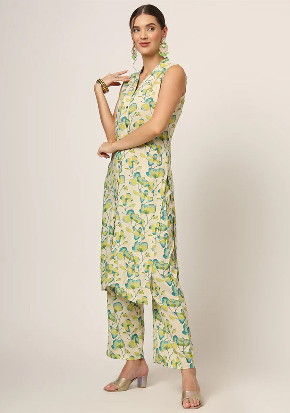 Cream Printed Rayon Fabric Straight Kurta Set