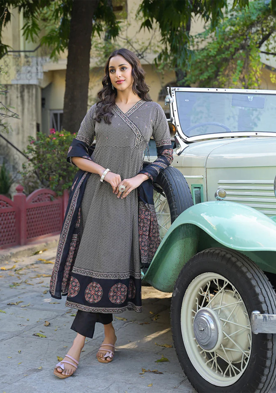 Black Printed Cotton Fabric Anarkali Kurta Pant With Dupatta