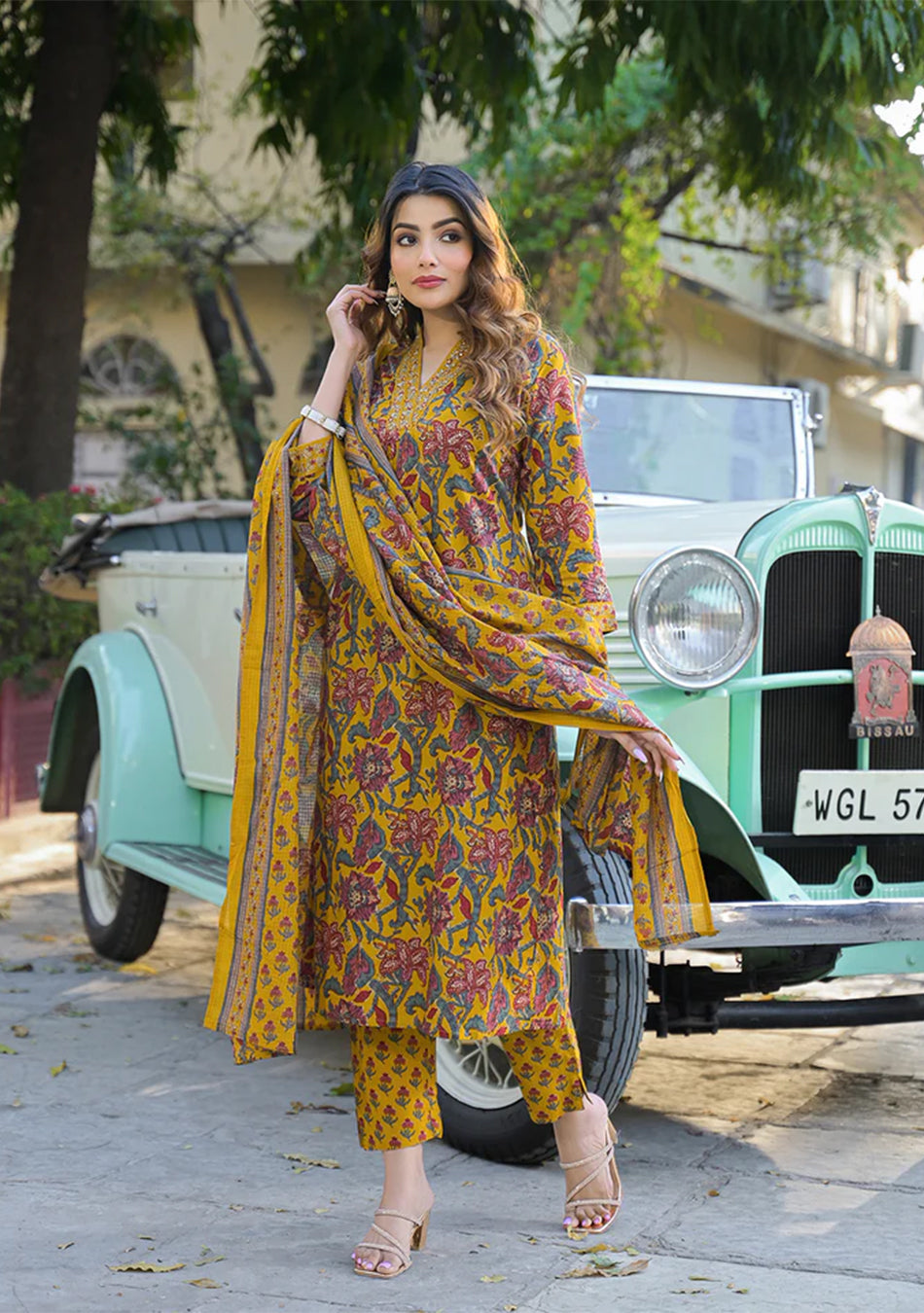Yellow Floral Print Cotton Fabric A-Line Kurta Pant With Dupatta