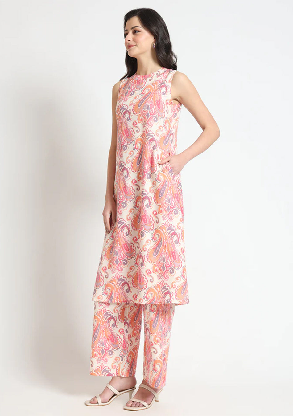 Cream Floral Print Rayon Fabric Straight Kurta with Pant