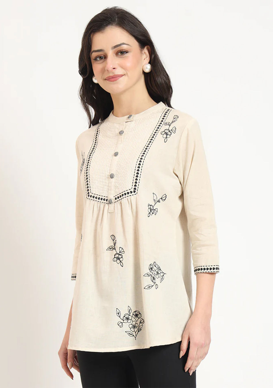 Off White Cotton Round Neck Embroidery Top