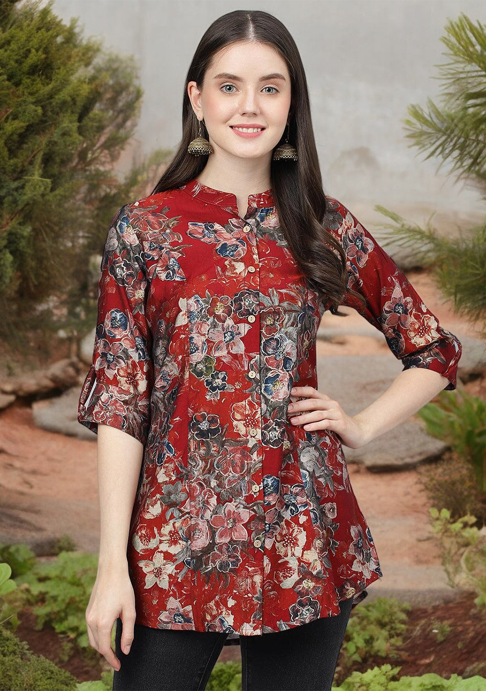 Maroon Floral Printed Modal A-Line Shirts Style Top