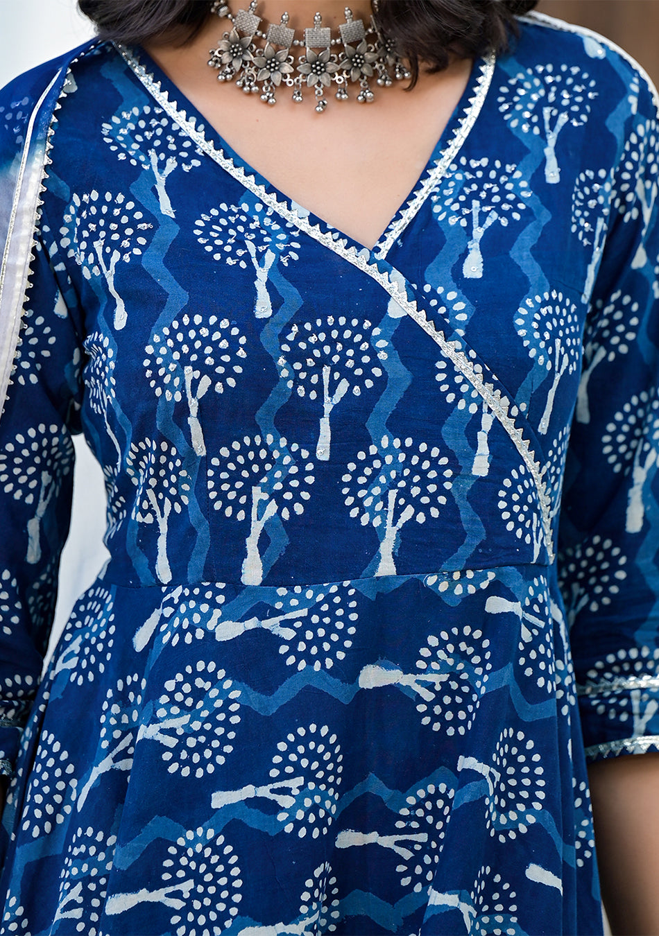 Indigo Blue HandBlock Print Cotton Anarkali Kurta Set with Organza Dupatta