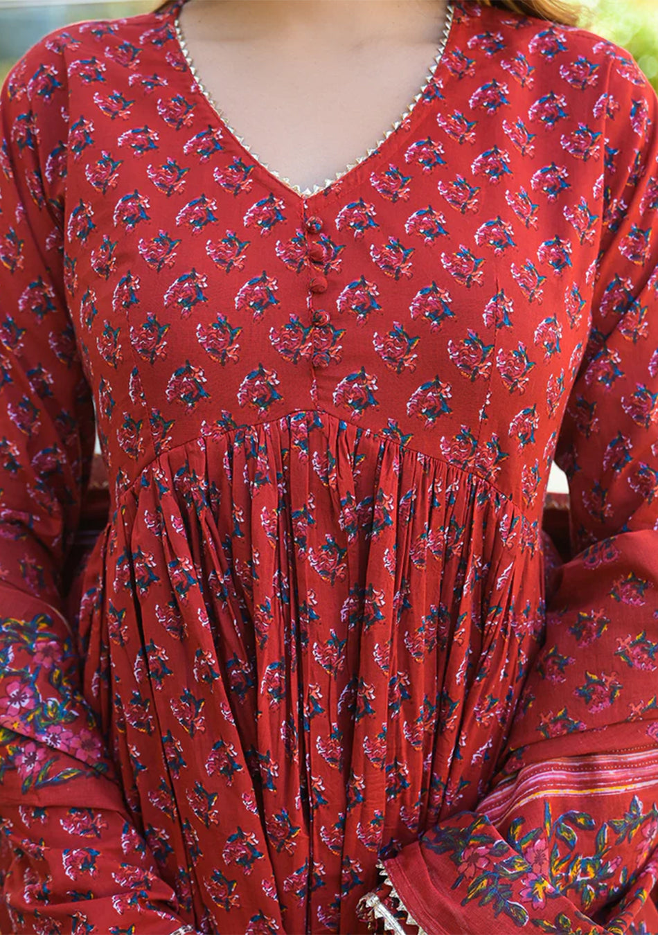 Red Floral Cotton Printed Anarkali Kurta Pant With Dupatta