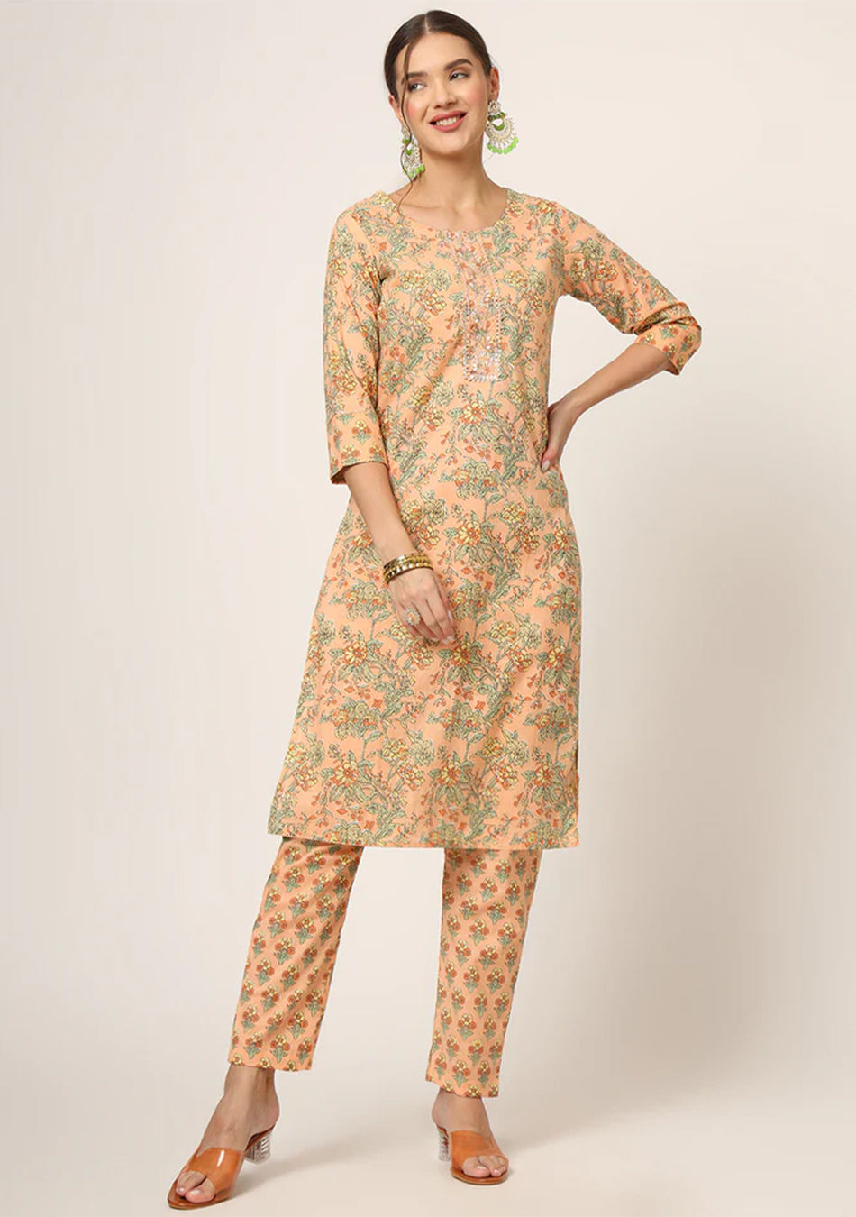 Peach Floral Print Cotton Straight fit Kurta Set