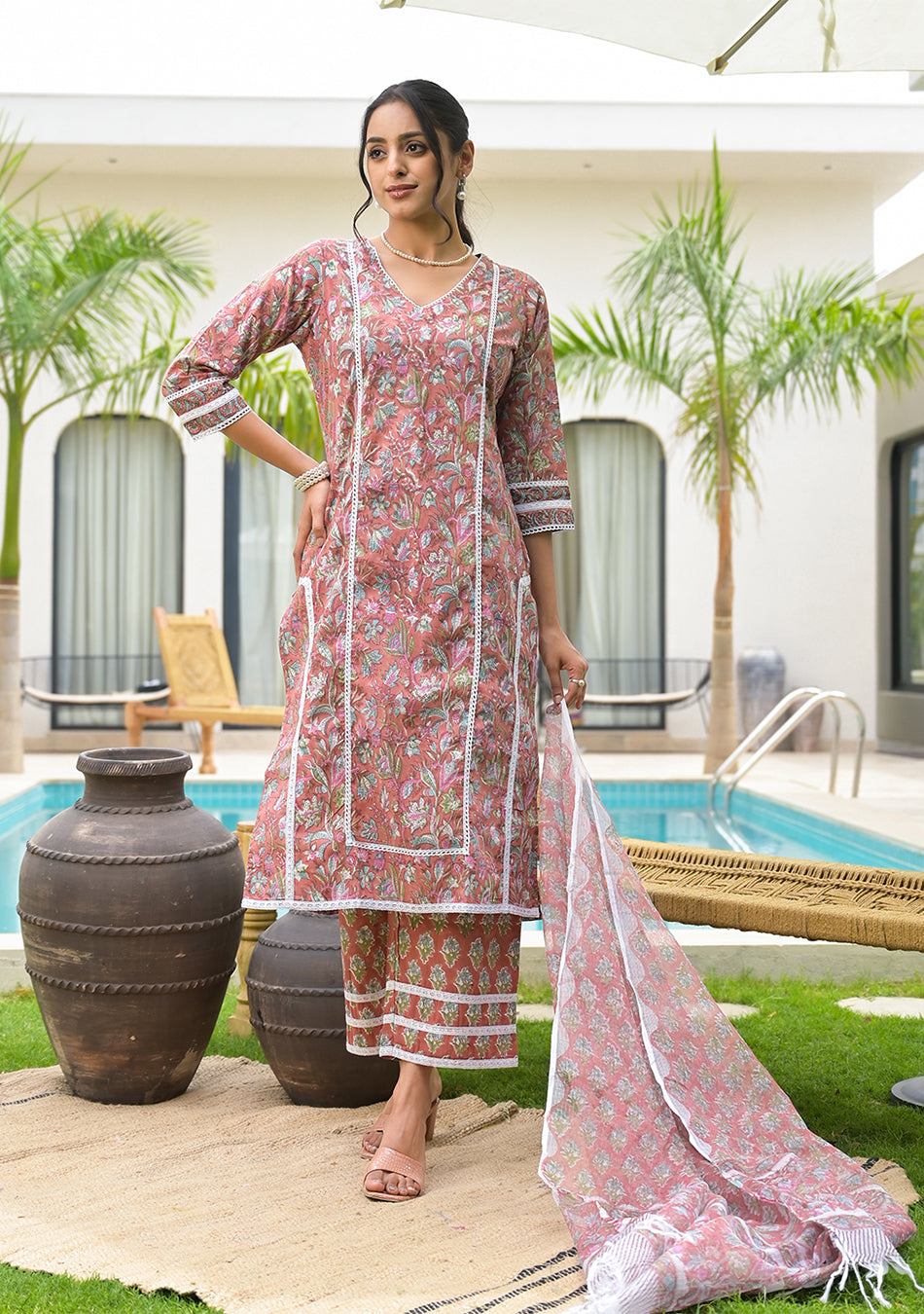 Maroon Floral Print Cotton Handblock Kurta Set for Women