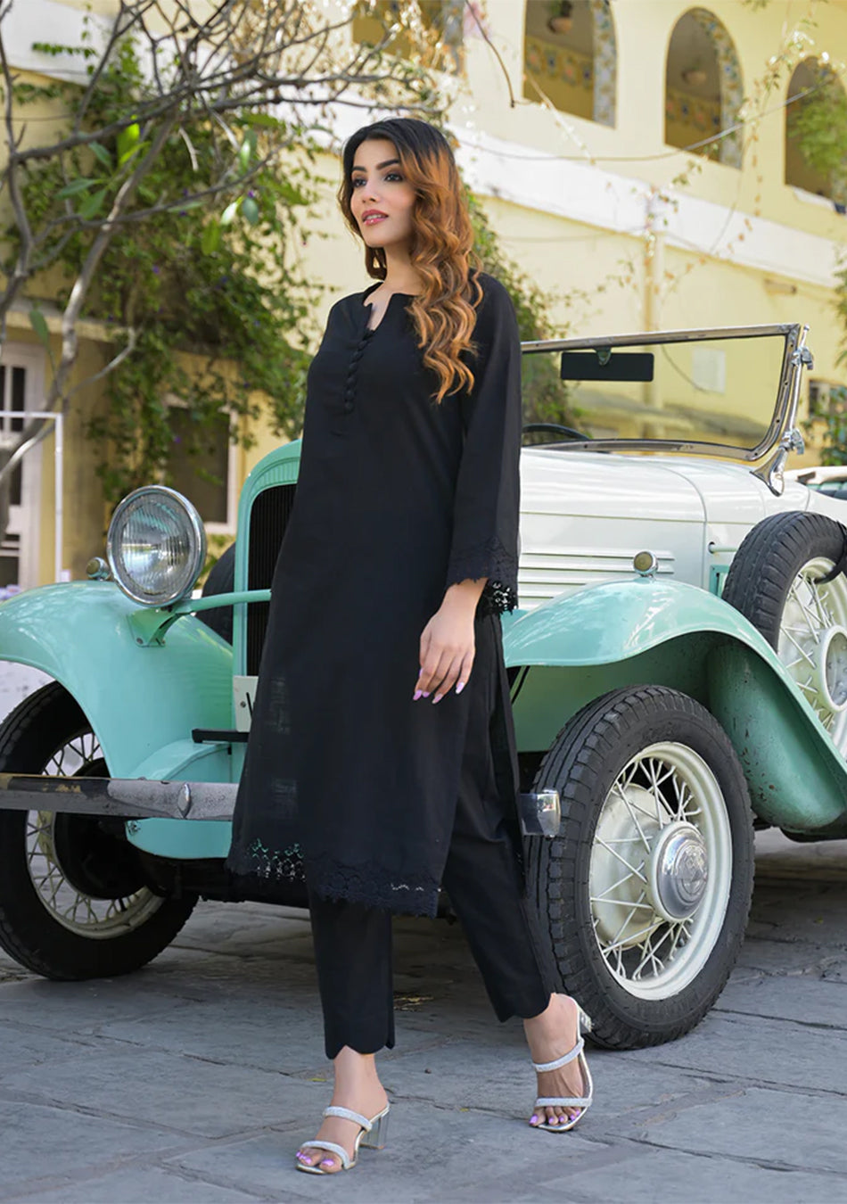 Black Solid Print Cotton Fabric Shirt Kurta with Trouser