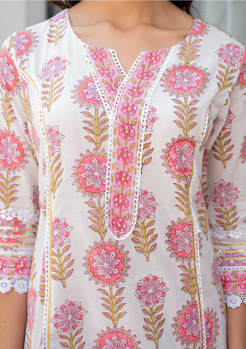White Floral Print Pure Cotton Kurta Sharara Set for Women