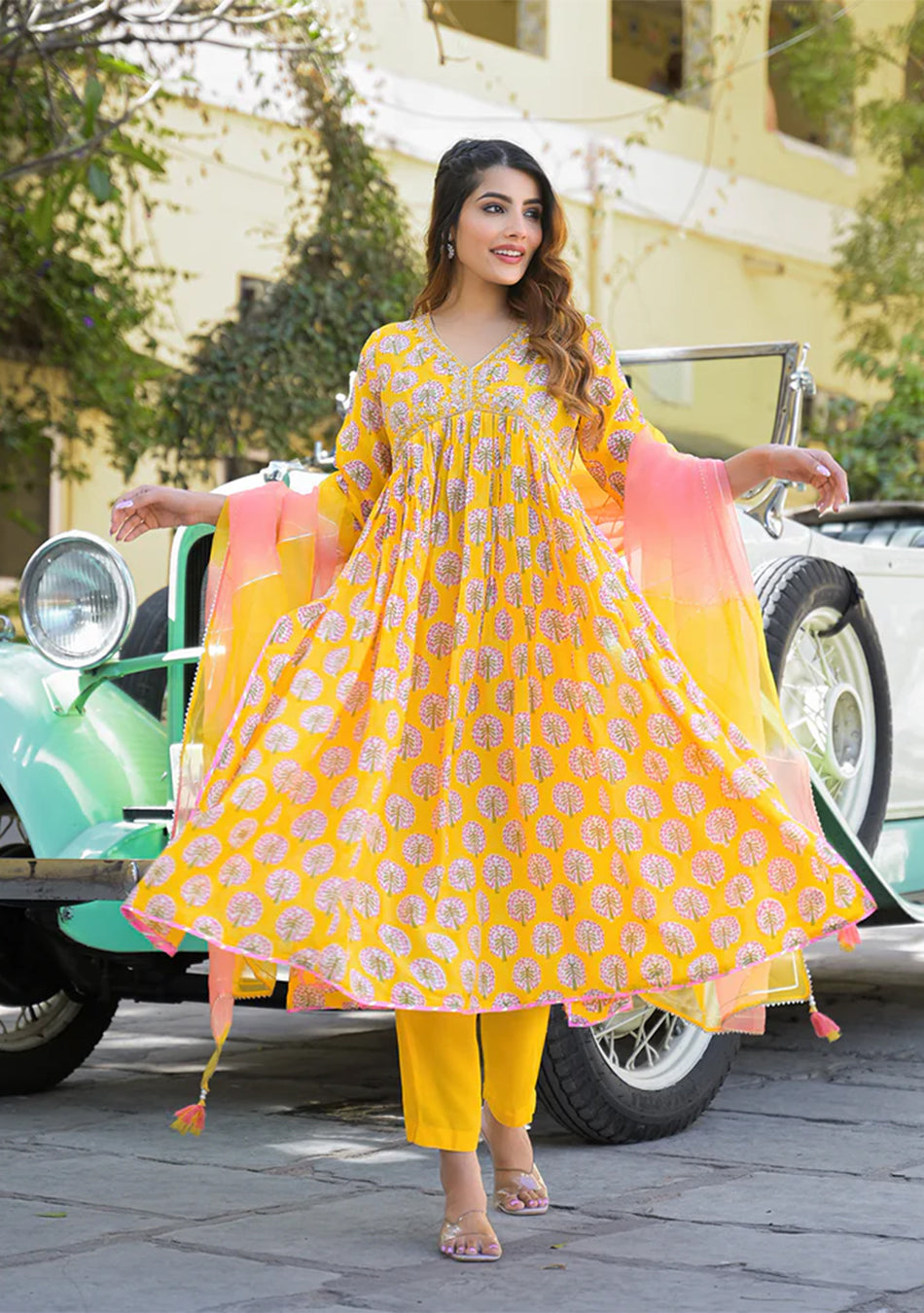 Yellow Floral Print Muslin Fabric A-Line Kurta Pant With Dupatta