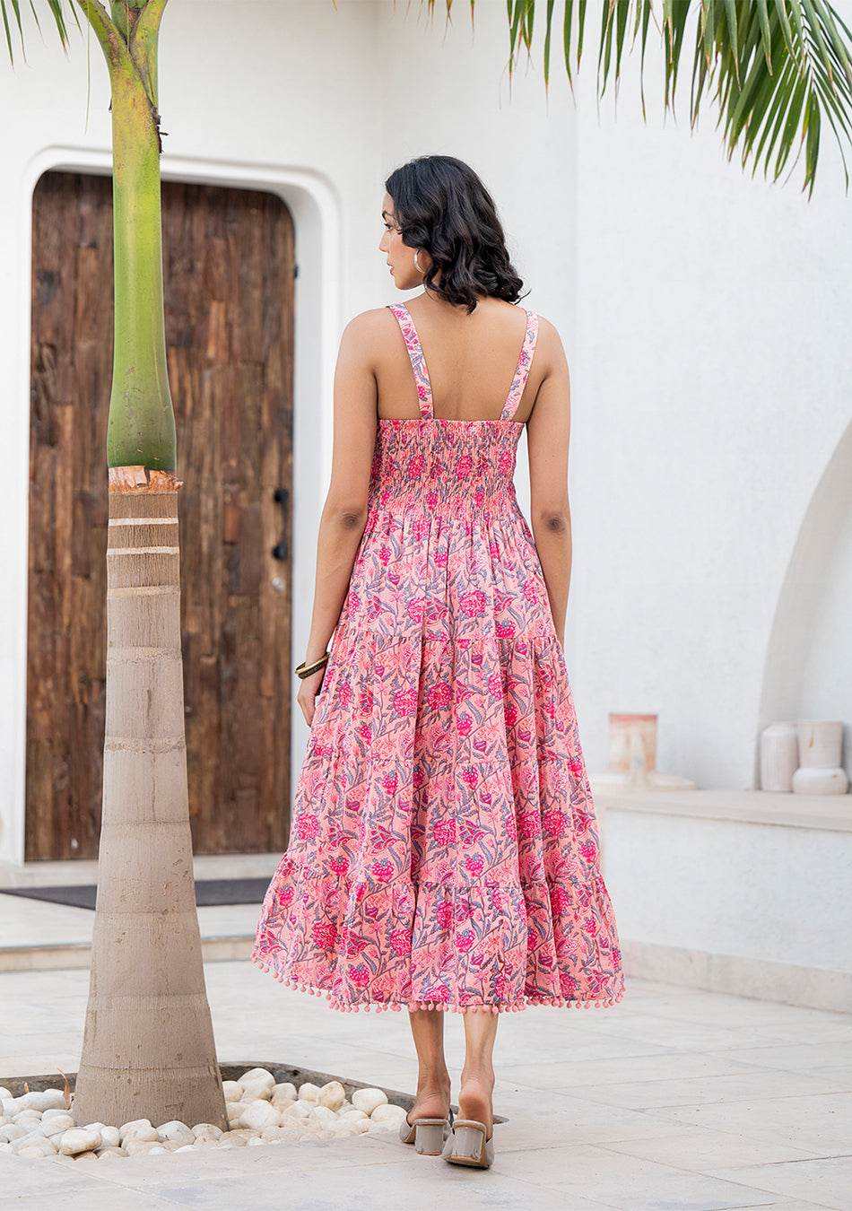 Pink Floral Printed Shoulder Strip Dress