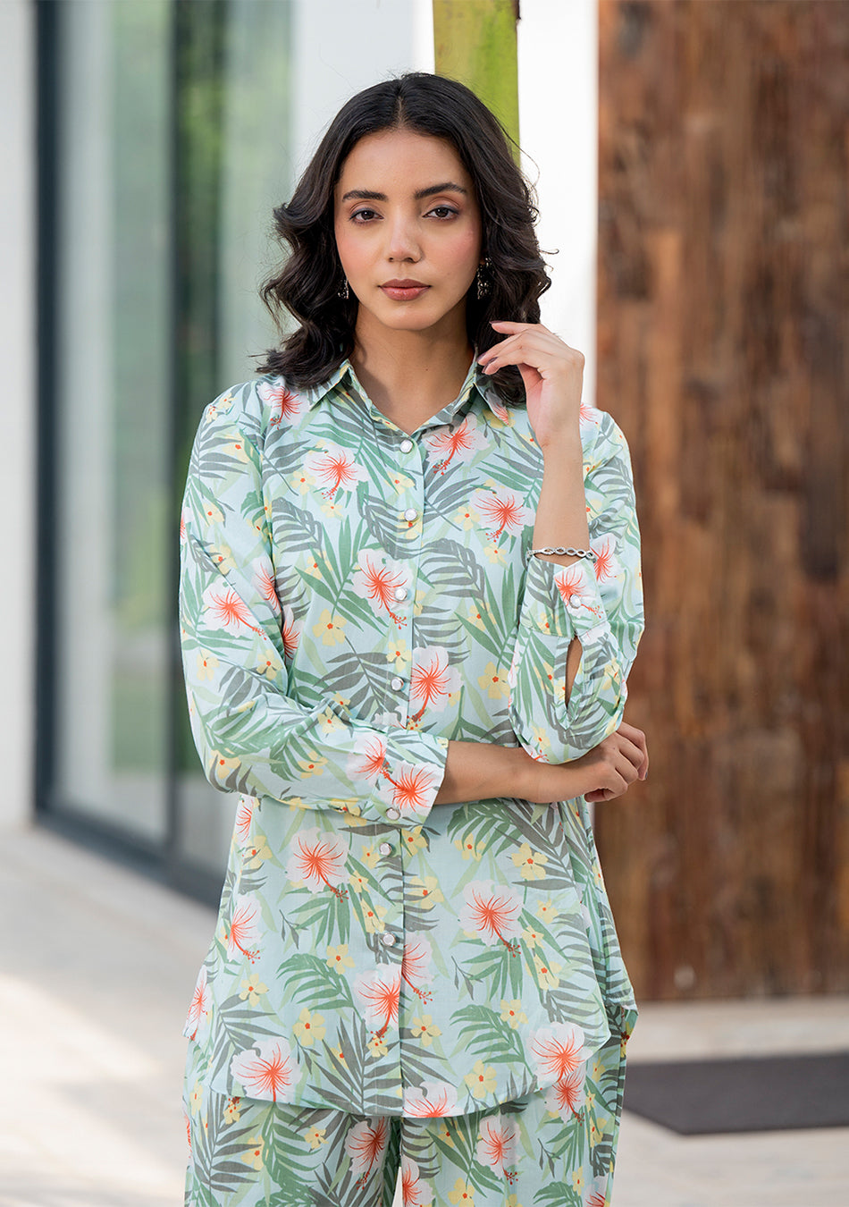 Sky Blue Floral Printed Rayon Co-ord Set