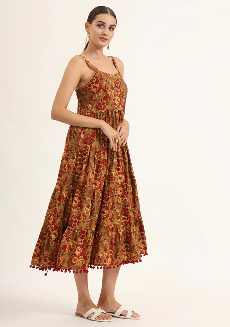 Brown Floral Print Pure Cotton Fit & Flare Dress