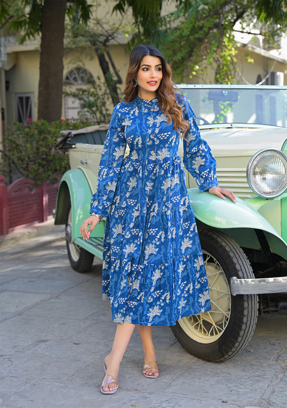 Blue Floral Print Cotton Fabric Flared Dress