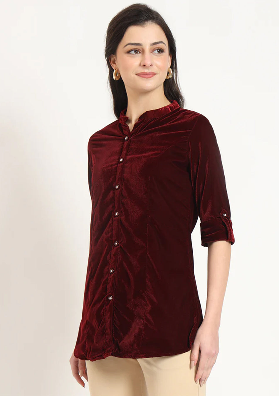 Maroon Solid Print Velvet Straight Top