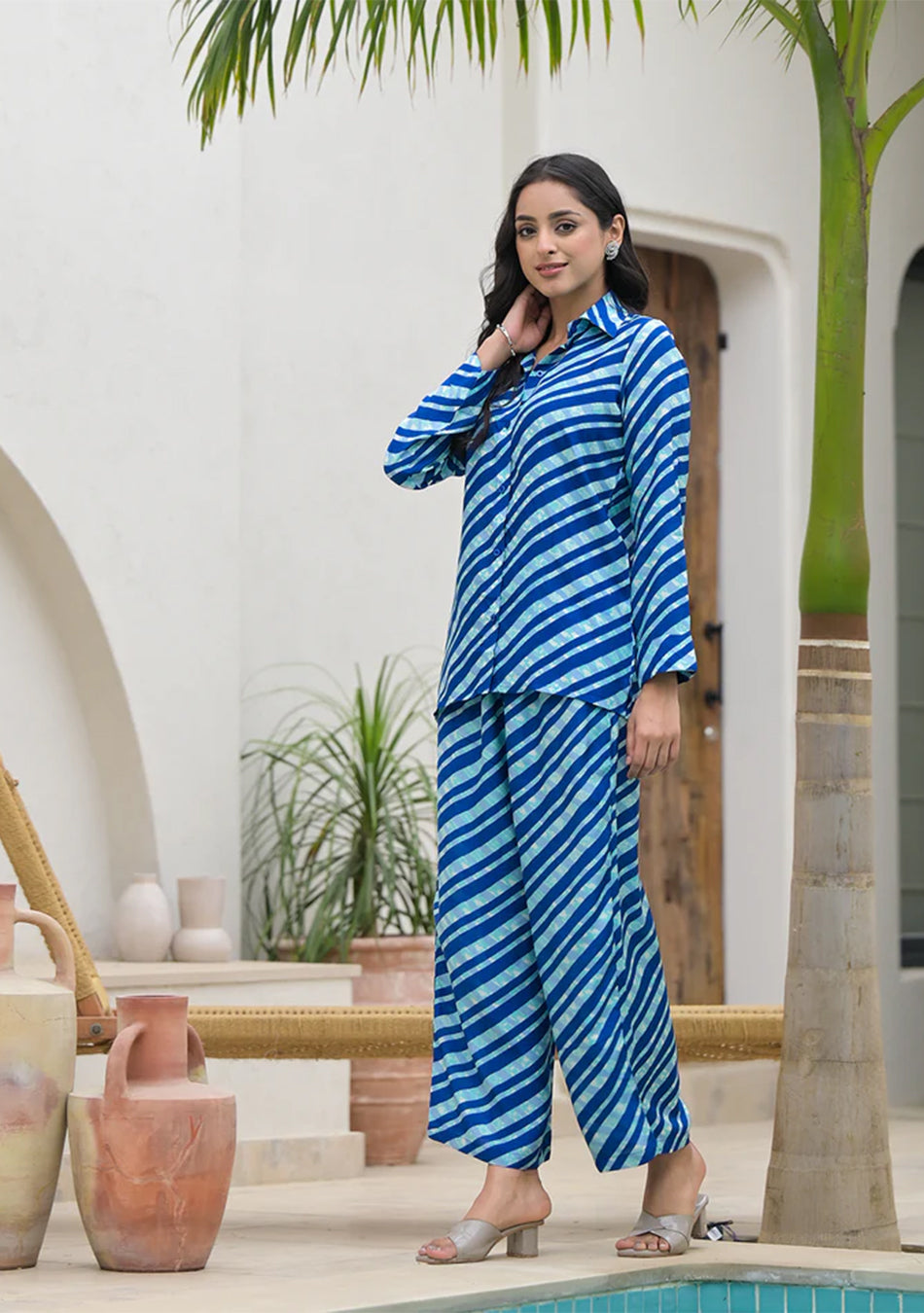 Blue Stripes Shirt With Trousers Co-Ords
