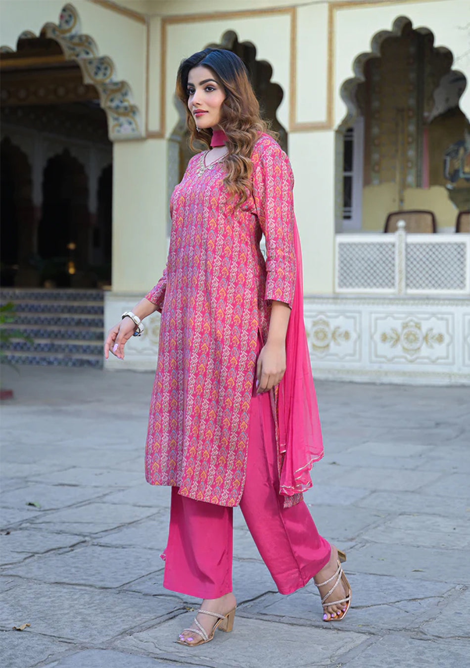 Pink Floral Printed Muslin Straight Kurta Pant with Dupatta