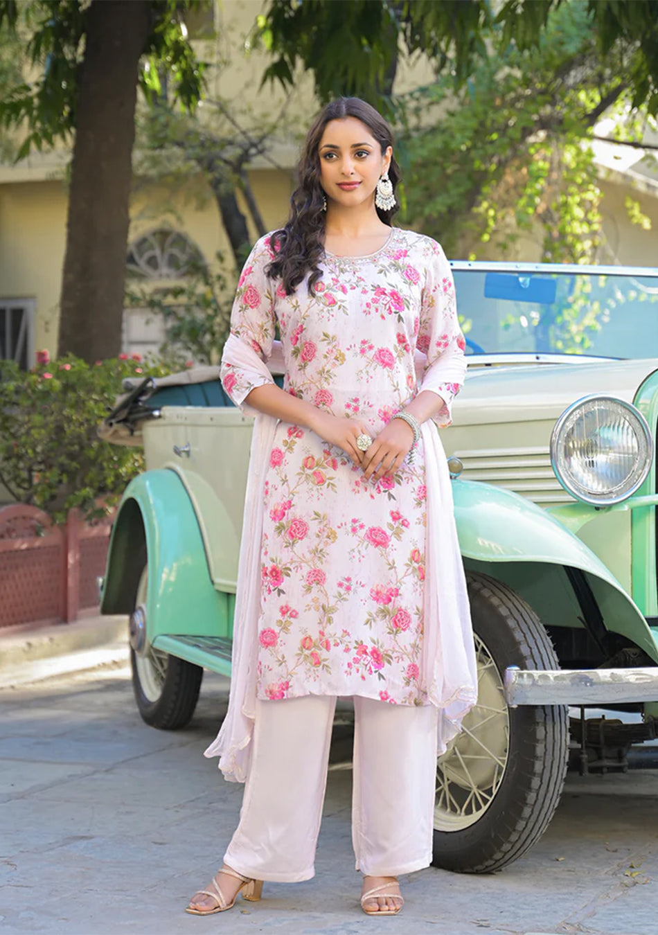Light Pink Floral Printed Muslin Straight Kurta Pant with Dupatta