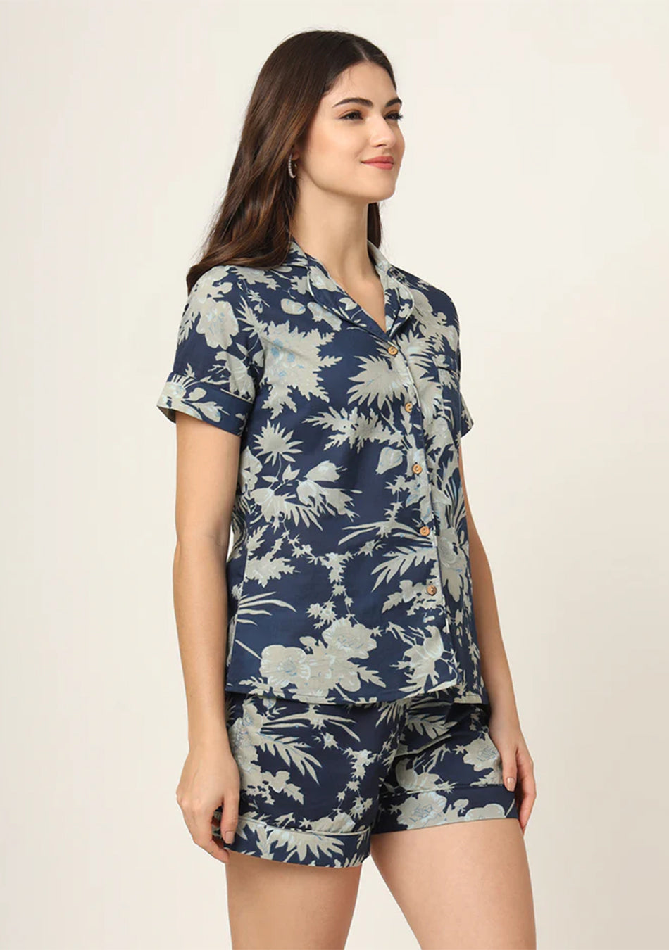 Navy Blue Printed Pure Cotton Regular Night Suit