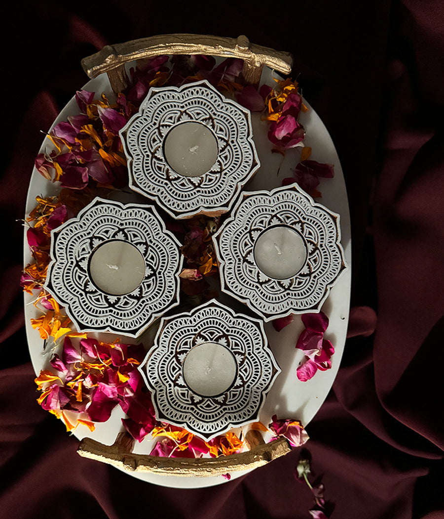 Handcrafted Flower Shape Wooden Diya - Set of 4