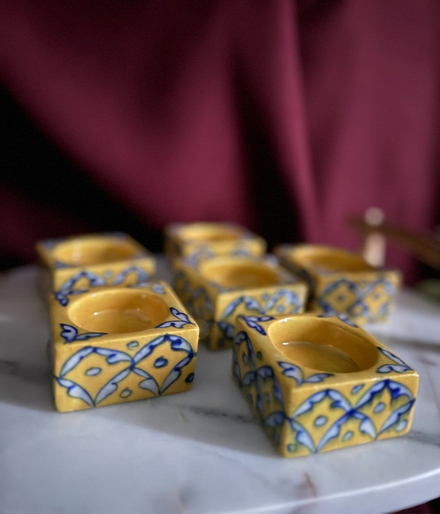 Blue Pottery Square Diyas - Set of 6