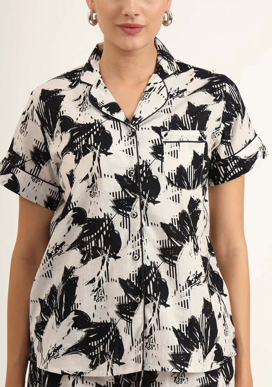 Black & White Asymetric Print Pure Cotton Regular Night Suit